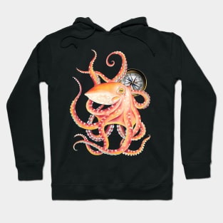 Red Octopus and Compass Nautical Marine Hoodie